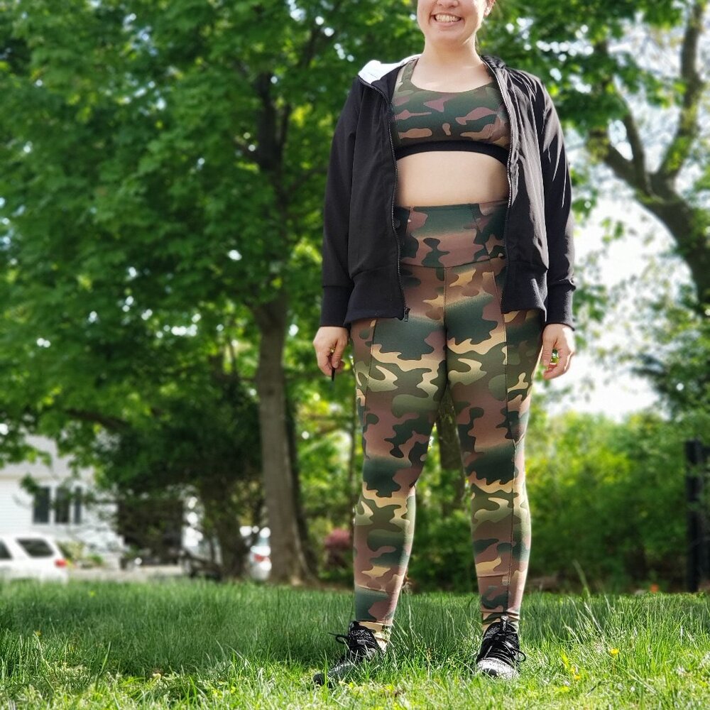 Handmade Matching Camo Sports Bra and Leggings Set for Workout, Pilates, Cycling
